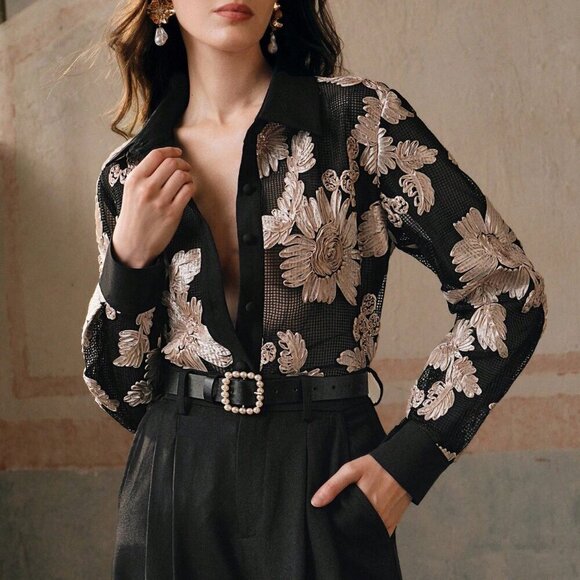 Black Women's Romantic Elegant Floral Embroidery Semi-Sheer Casual Blouse - Picture 6 of 8